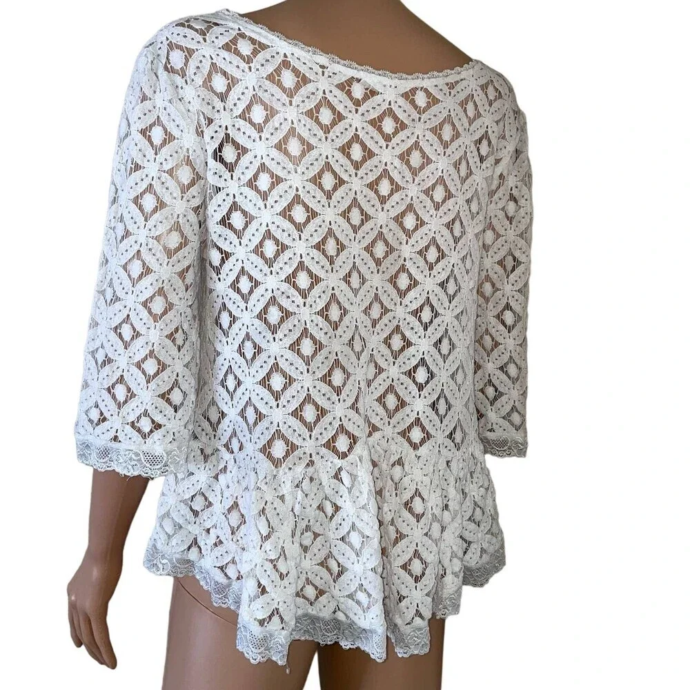 En Creme brand lace blouse top SZ L Peplum semi shear 3/4 sleeve white Boho